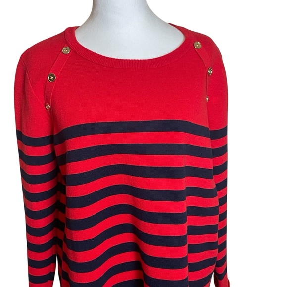 Crown & Ivy Red Navy Stripe Sweater Gold Buttons XL Nautical Coastal Sailor - Picture 2 of 9